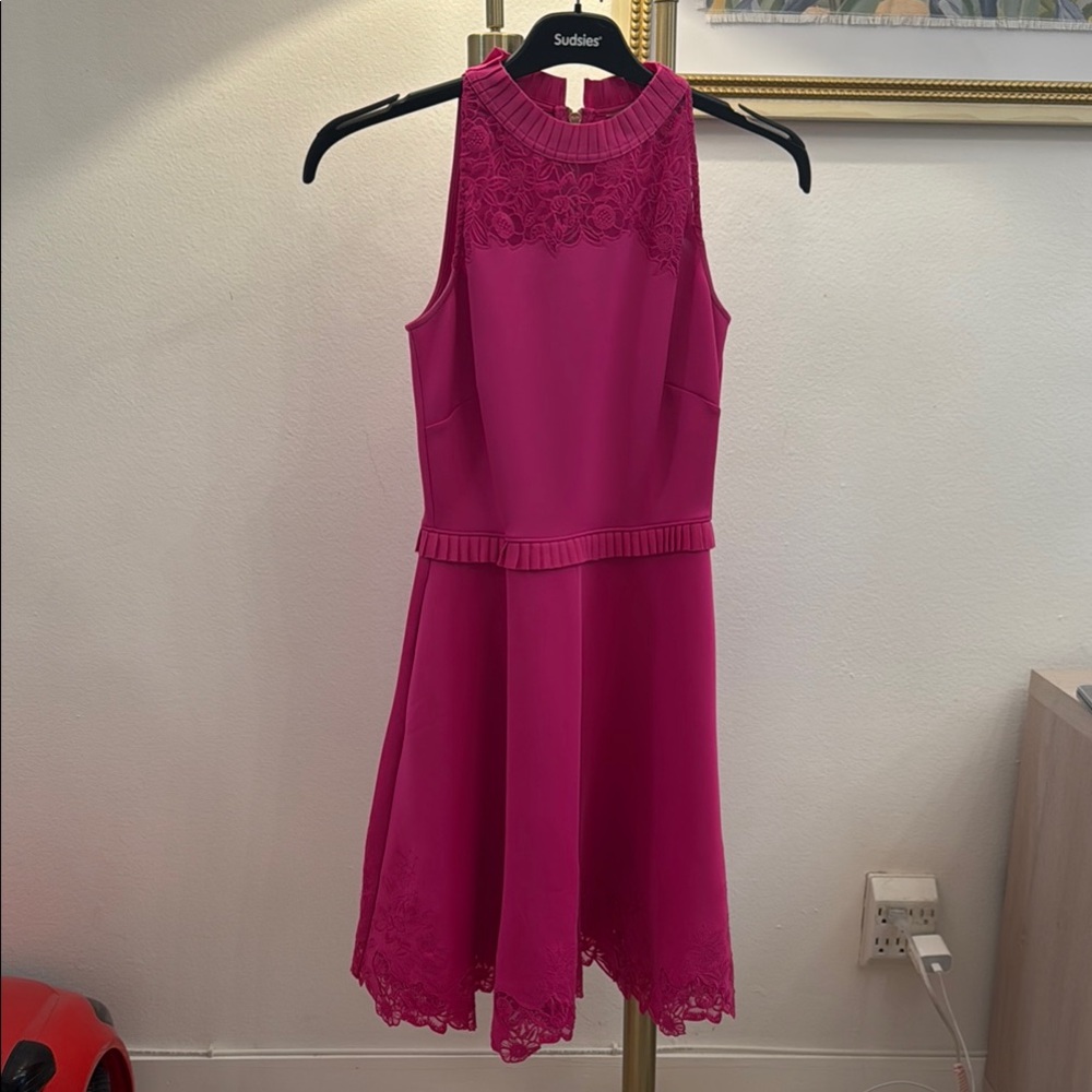 Girls' Fuchsia Lace Trim Halter Dress